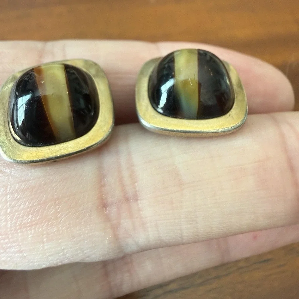 Vintage Correct Quality Cat's Eye Glass Gold Tone‎ Cuff Links Brown Fiber Optic